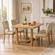 Leovanni 48inch Rectangle Dining Table Set for 4 Modern Solid Wood 5-Piece Kitchen & Dining Room Set with Upholstered Chairs Pedestal Base, Natural