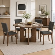Leovanni 48inch Round Dining Table Set for 4 Modern Solid Wood 5-Piece Kitchen & Dining Room Set with Upholstered Chairs Pedestal Base, Walnut