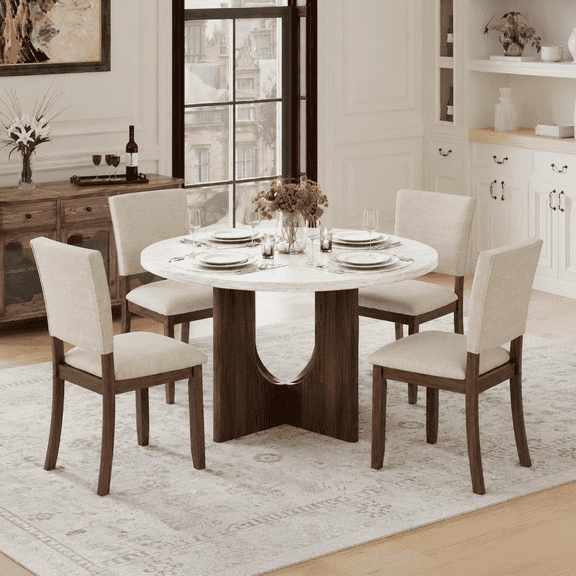 Leovanni 48inch Round Dining Table Set for 4 Modern Solid Wood 5-Piece Kitchen & Dining Room Set with Upholstered Chairs Pedestal Base, White