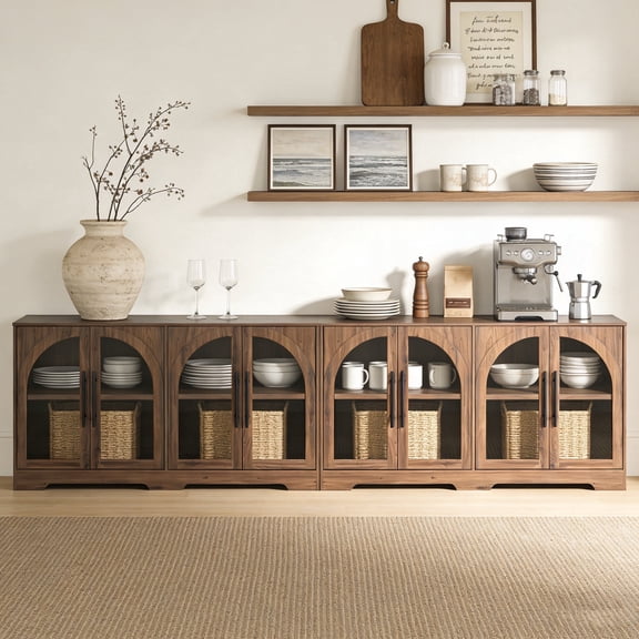 Leovanni 55" Sideboard Cabinet with Glass Doors Set of 2, Wood Buffet Cabinet with Adjustable Shelves and Cable Management, Storage Console for Dining Room, Living Room, Entryway, Walnut