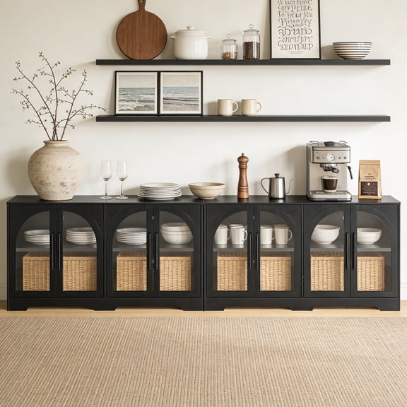Leovanni 55" Sideboard Cabinet with Glass Doors Set of 2, Wood Buffet Cabinet with Adjustable Shelves and Cable Management, Storage Console for Dining Room, Living Room, Entryway, Black