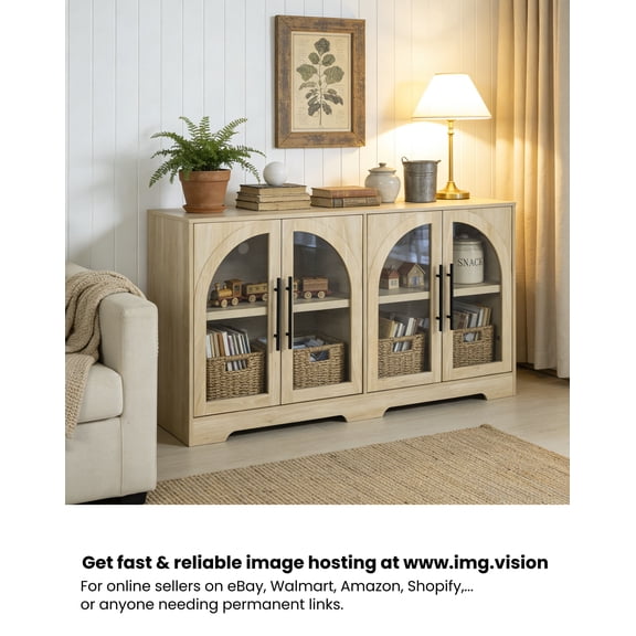 Leovanni 55" Sideboard Cabinet with Glass Doors, Wood Buffet Cabinet with Adjustable Shelves and Cable Management, Storage Console for Dining Room, Living Room, Entryway, Natural