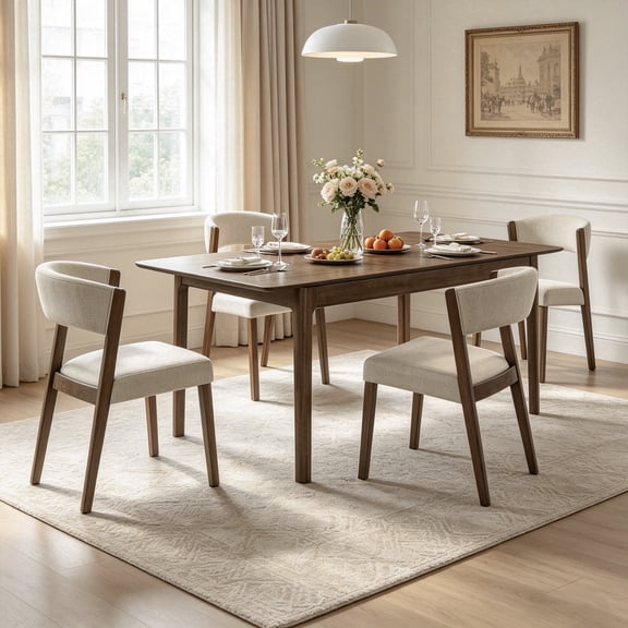 Leovanni 59-74 Inch Extendable Dining Table Set 5-Piece, Mid Century Modern Rectangular Kitchen Set with Upholstered Chairs, Solid Wood Frame for Dining Room, Walnut