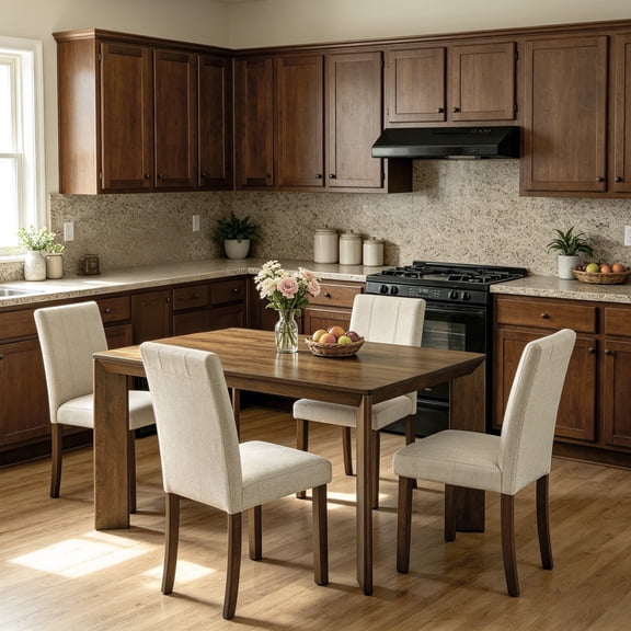 Leovanni 59-Inch 5-Piece Dining Table Set, Mid Century Modern Kitchen Set with Upholstered S-Spring Chairs, Wood Dining Furniture for Small Spaces, Brown