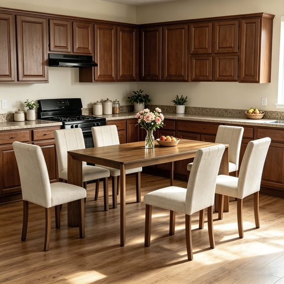 Leovanni 59-Inch 7-Piece Dining Table Set, Modern Kitchen Set with 6 Upholstered S-Spring Chairs, Wood Dining Room Furniture for Apartments, Brown