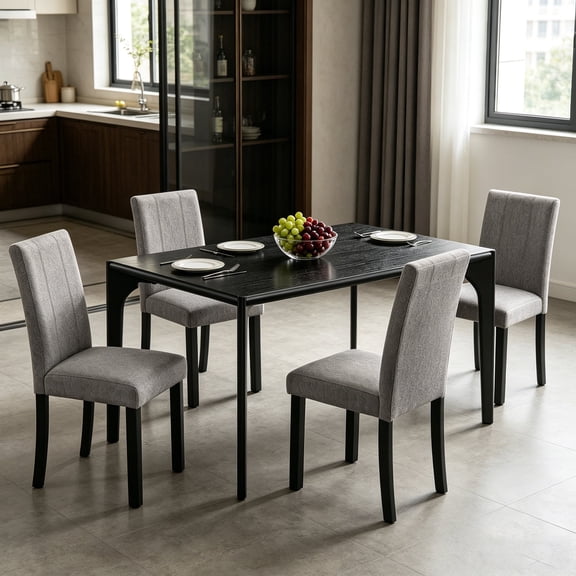 Leovanni 59-Inch Mid Century Modern 5-Piece Dining Table Set for 4, Rectangular Kitchen Table with Upholstered Chairs, Solid Wood Frame Dining Furniture for Dining Room, Apartment, Black
