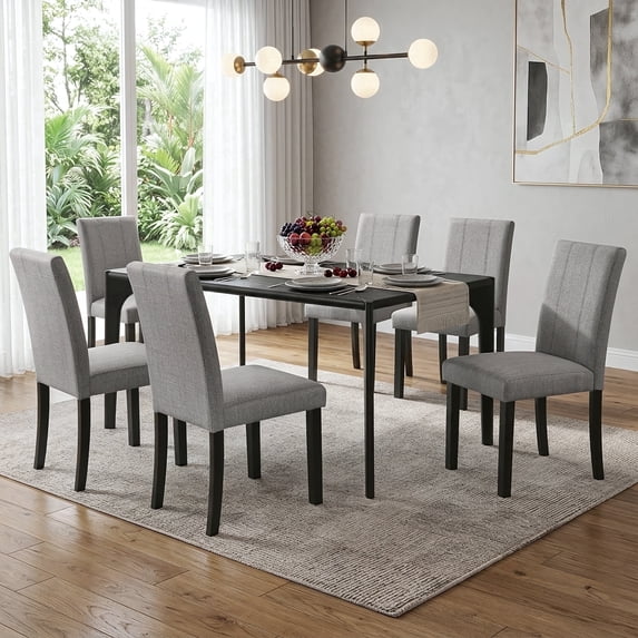 Leovanni 59-Inch Mid Century Modern 7-Piece Dining Table Set for 6, Rectangular Kitchen Table with 6 Upholstered Chairs, Solid Wood Dining Furniture for Dining Room, Apartment, Black