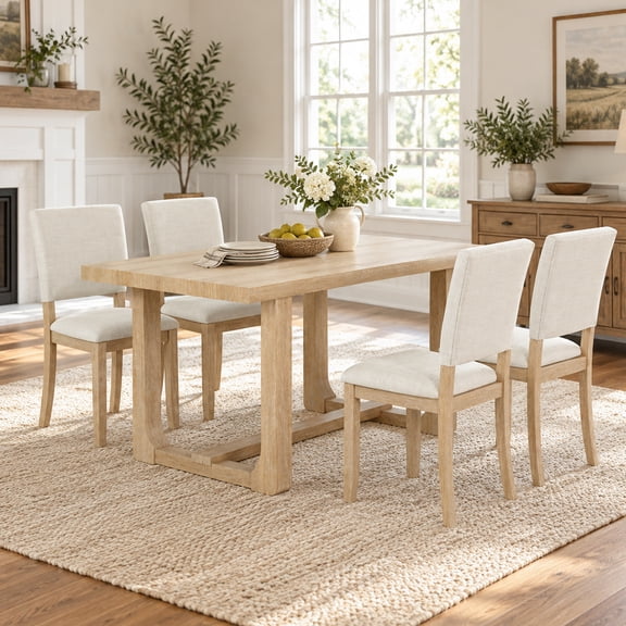 Leovanni 59inch Rectangle Dining Table Set for 4, Modern 5-Piece Kitchen & Dining Room Set with Upholstered Chairs, Natural