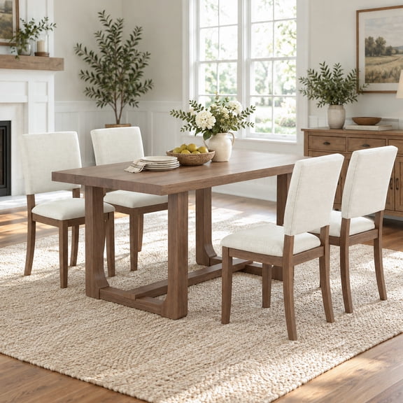 Leovanni 59inch Rectangle Dining Table Set for 4, Modern 5-Piece Kitchen & Dining Room Set with Upholstered Chairs, Walnut