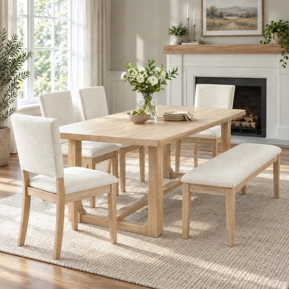 Leovanni 6pcs Dining Table Set, 59inch Rectangle Dining Table 4 Chairs & Bench, Natural