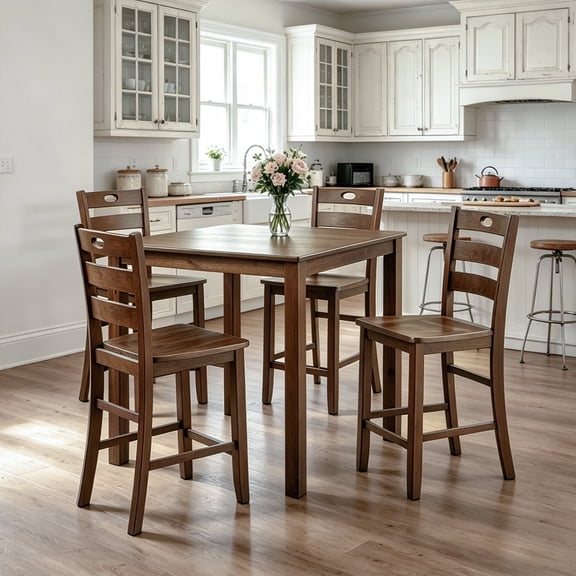Leovanni Counter Height Dining Set for 4, 5-Piece Solid Wood Square Pub Table with 4 Backrest Stools, High Top Kitchen Set for Small Space, Apartment & Dining Room, Walnut