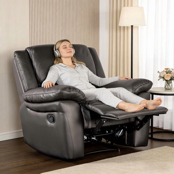 Leovanni Large Manual Recliner Chair with Leather Match Upholstery, Overstuffed Armrests and Lumbar Support, Traditional Style, Black