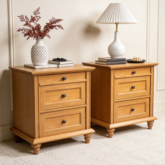 Leovanni Mid-Century Modern Nightstand Set of 2, 3-Drawer Wood-Grain Bedside Tables with Solid Wood Legs, Engineered Wood Bedroom Storage, Oak