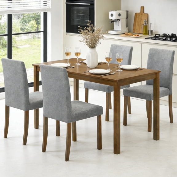 Leovanni Modern 43.3" 5-Piece Solid Wood Dining Table Set with 4 Upholstered High Back Chairs, Rectangular Kitchen & Dining Room Set, Heavy-Duty 500 lbs Table, Ergonomic Seating, Oak