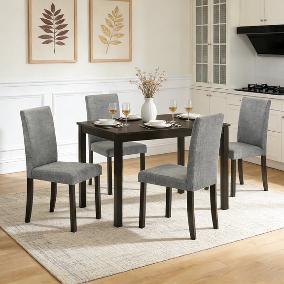 Leovanni Modern 43.3" 5-Piece Solid Wood Dining Table Set with 4 Upholstered High Back Chairs, Rectangular Kitchen & Dining Room Set, Heavy-Duty 500 lbs Table, Ergonomic Seating, Espresso