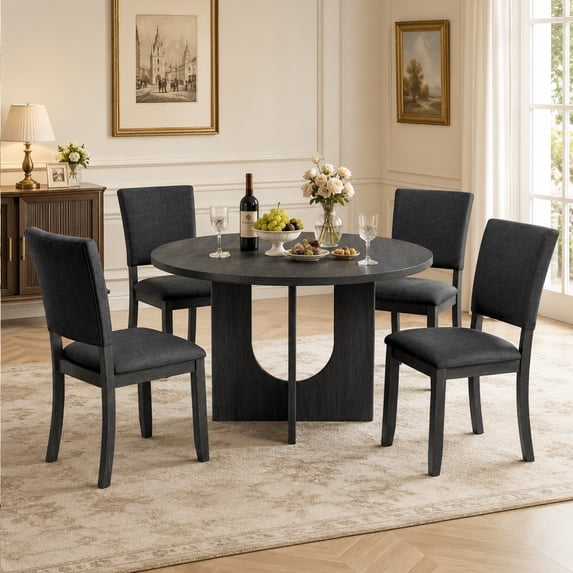 Leovanni Modern 47" 5-Piece Solid Wood Round Dining Table Set with 4 Upholstered Chairs, Pedestal Base Kitchen & Dining Room Set, Dark Gray