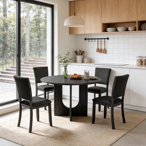 Leovanni Modern 47" 5-Piece Solid Wood Round Dining Table Set with 4 Upholstered Chairs, Pedestal Base Kitchen & Dining Room Set, Dark Gray