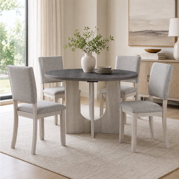 Leovanni Modern 47" 5-Piece Solid Wood Round Dining Table Set with 4 Upholstered Chairs, Pedestal Base Kitchen & Dining Room Set, Gray