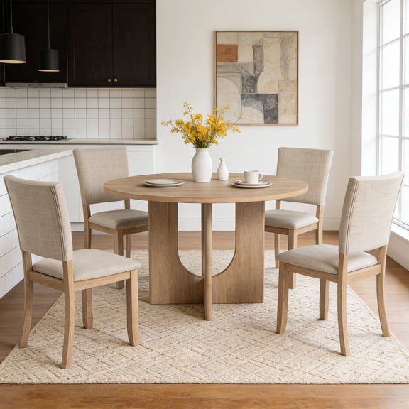 Leovanni 48inch Round Dining Table Set for 4 Modern Solid Wood 5-Piece Kitchen & Dining Room Set with Upholstered Chairs Pedestal Base, Natural