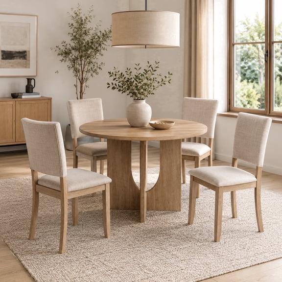 Leovanni 48inch Round Dining Table Set for 4 Modern Solid Wood 5-Piece Kitchen & Dining Room Set with Upholstered Chairs Pedestal Base, Natural