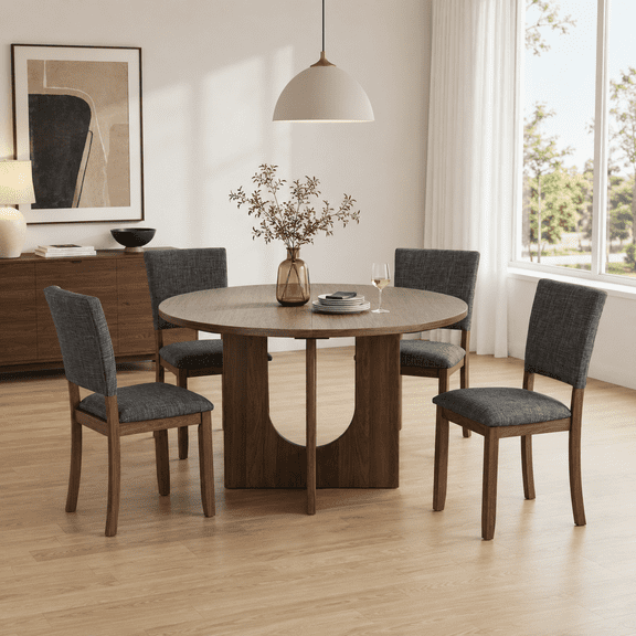 Leovanni Modern 47" 5-Piece Solid Wood Round Dining Table Set with 4 Upholstered Chairs, Pedestal Base Kitchen & Dining Room Set, Walnut