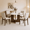 thumbnail image 1 of Leovanni Modern 47" 5-Piece Solid Wood Round Dining Table Set with 4 Upholstered Chairs, Pedestal Base Kitchen & Dining Room Set, White, 1 of 16