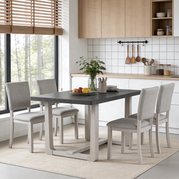 Leovanni Modern 48" 5-Piece Solid Wood Dining Table Set with 4 Upholstered Chairs, Rectangular Kitchen & Dining Room Set, Gray