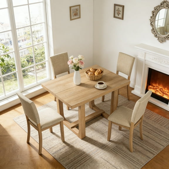 Leovanni Modern 48" 5-Piece Solid Wood Dining Table Set with 4 Upholstered Chairs, Rectangular Kitchen & Dining Room Set, Natural