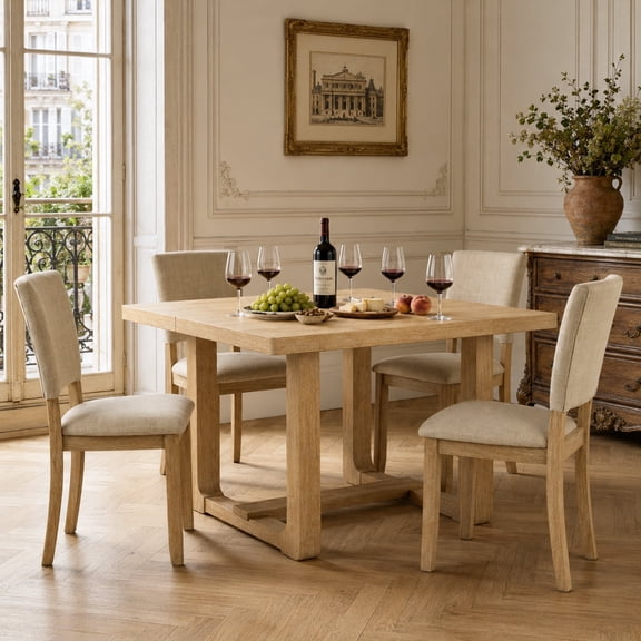 Leovanni Modern 48" 5-Piece Solid Wood Dining Table Set with 4 Upholstered Chairs, Rectangular Kitchen & Dining Room Set, Natural