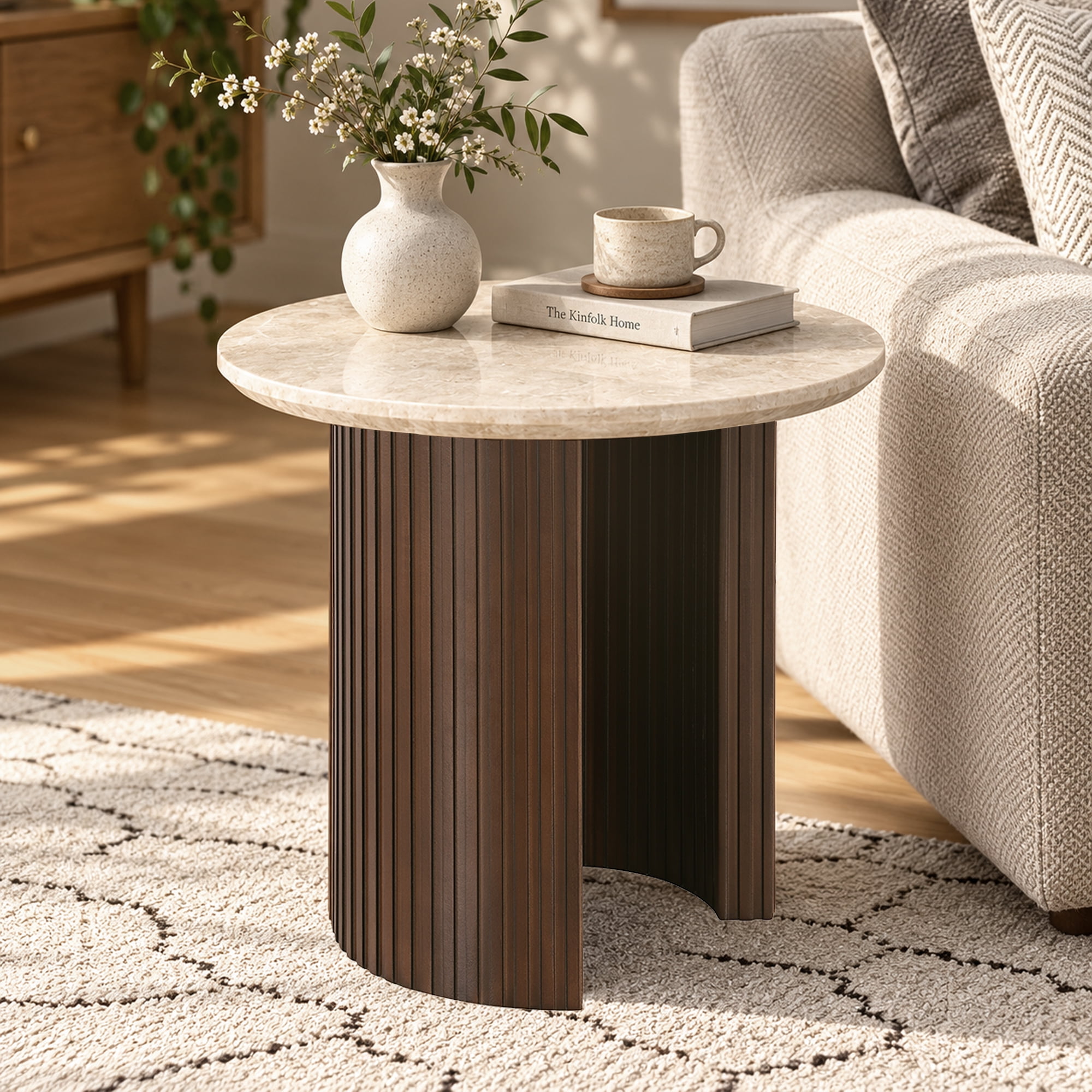 Modern Table Top Pattern Leovanni Modern End Table with Genuine Marble & Travertine Top, Fluted ...