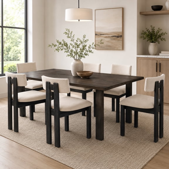 Leovanni Modern Farmhouse Dining Chairs Set of 6, Upholstered Kitchen Chairs with Natural Wood Frame and Curved Backrest, Black