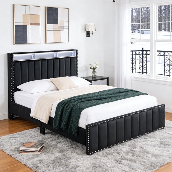 Leovanni Modern Full Upholstered Platform Bed with Storage Headboard and Charging Station, Nailhead Trim, Wood Slat Support, No Box Spring Required, Black