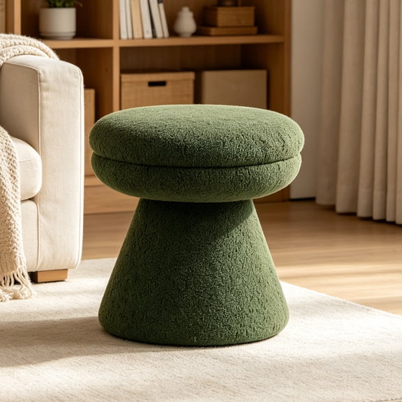 Leovanni Mushroom Ottoman Stool, Teddy-Like Upholstered Small Ottoman with Pedestal Base, Modern Round Foot Rest for Living Room, Bedroom
