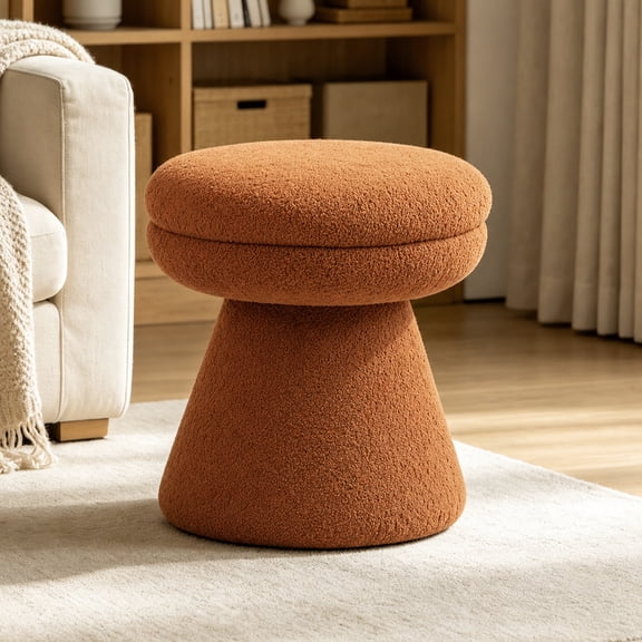 Leovanni Mushroom Ottoman Stool, Teddy-Like Upholstered Small Ottoman with Pedestal Base, Modern Round Foot Rest for Living Room, Bedroom