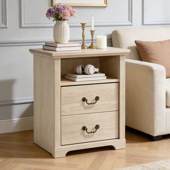 Leovanni Rustic 2-Drawer Nightstand with Open Shelf Storage, Assembly Required Wood-Grain Engineered Wood Bedside Table for Bedroom, Natural