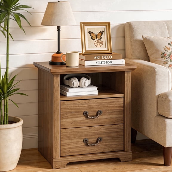 Leovanni Rustic 2-Drawer Nightstand with Open Shelf Storage, Assembly Required Wood-Grain Engineered Wood Bedside Table for Bedroom, Walnut