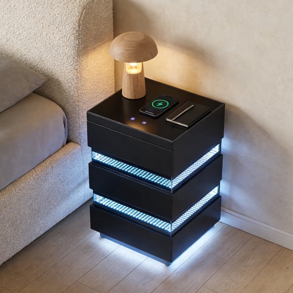 Leovanni Smart Nightstand with Bluetooth Speaker & LED Lights, 3-drawer Bedside Table with Wireless Charging, 17" Tempered Glass Top, for Bedroom, Living Room, Black