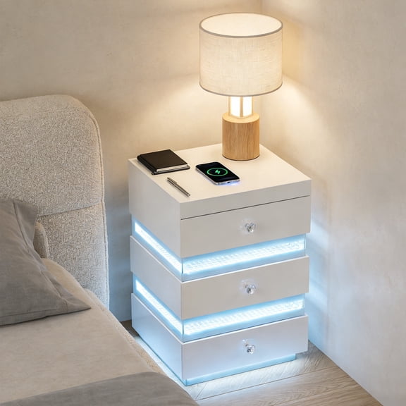 Leovanni Smart Nightstand with Bluetooth Speaker & LED Lights, 3-drawer Bedside Table with Wireless Charging, 17" Tempered Glass Top, for Bedroom, Living Room, White