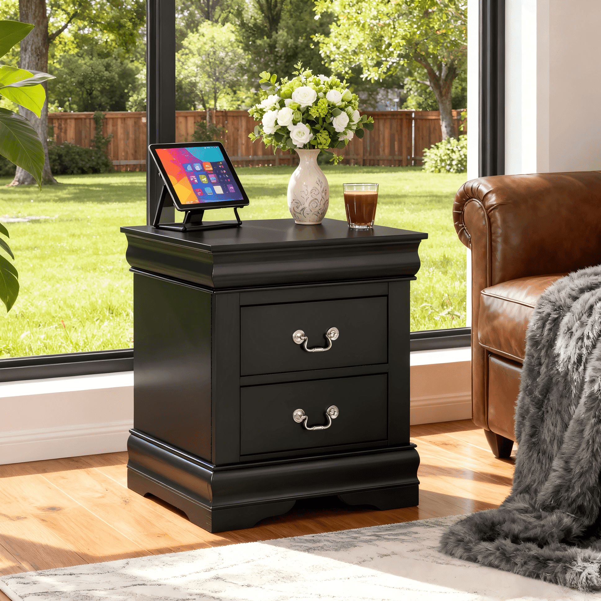 Leovanni Solid Wood Nightstand , End Table with Drawers and Metal Handles, No Assembly Required, For Bedroom, Living Room, Adult, Black