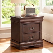 Leovanni Solid Wood Nightstand , End Table with Drawers and Metal Handles, No Assembly Required, For Bedroom, Living Room, Adult, Cherry