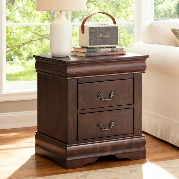 Leovanni Solid Wood Nightstand , End Table with Drawers and Metal Handles, No Assembly Required, For Bedroom, Living Room, Adult, Cherry