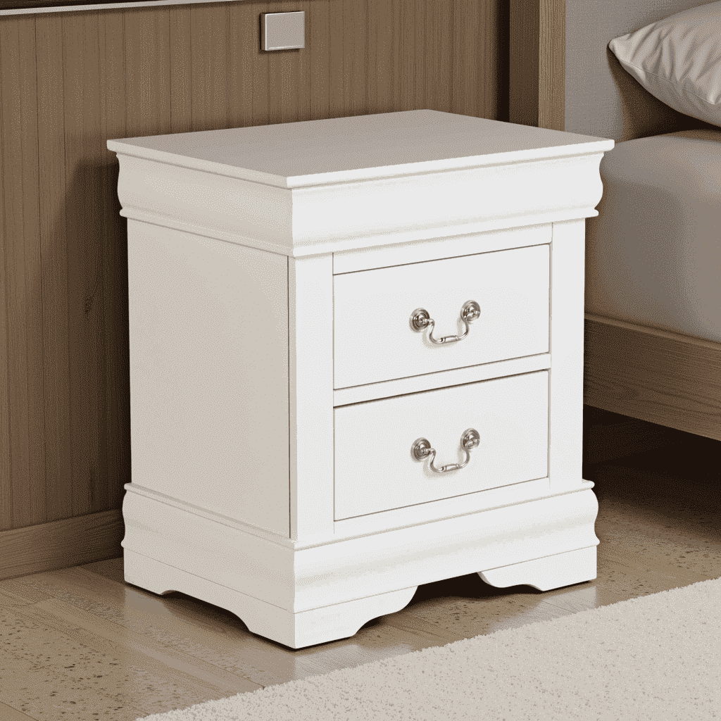 Leovanni Solid Wood Nightstand , End Table with Drawers and Metal Handles, No Assembly Required, For Bedroom, Living Room, Adult, White