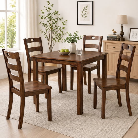 Leovanni Square Dining Table Set of 4, 5-Piece Solid Wood Kitchen Dining Set with Ladder Back Chairs for Small Space & Apartment, Walnut