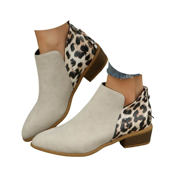 Leozcaa Ankle Booties for Women,Women's Casual Dress Low Heeled Booties V Cut Fashion Thick Heel Shoes