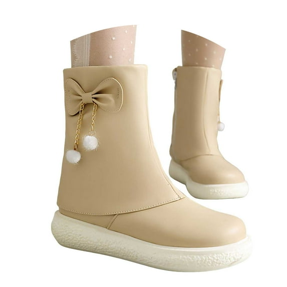 Leozcaa Ankle Boots for Women Fold Over Soft Cotton Sole Mid Calf Boot Round Toe Winter Bow Pink Booties