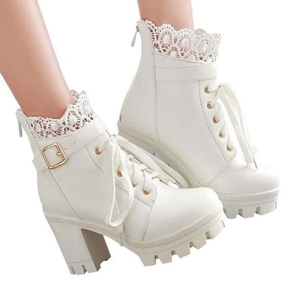 Leozcaa Block Heel Platform Combat Ankle Booties Women's Lace up Studded Motorcycle Boots Mid Calf Boots