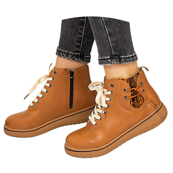 Leozcaa Combat Ankle Boots for Women Lace-up Fall Boots Causal Lug Sole Zipper Leather Short Booties