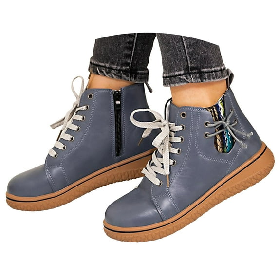 Leozcaa Combat Ankle Boots for Women Lace-up Fall Boots Causal Lug Sole Zipper Leather Short Booties