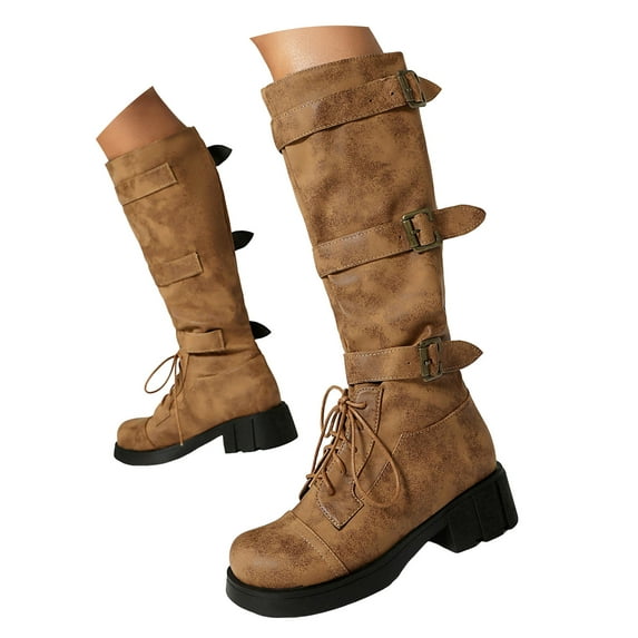 Leozcaa Combat Boots for Women Mid Calf Lace Up Boots Lug Sole Chunky Heel Buckle Round Toe Booties