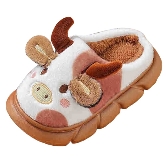 Girls Boys Cow Slippers for Toddler Kids Cute Fuzzy Cartoon Slippers Fluffy House Bedroom Shoes for Indoor